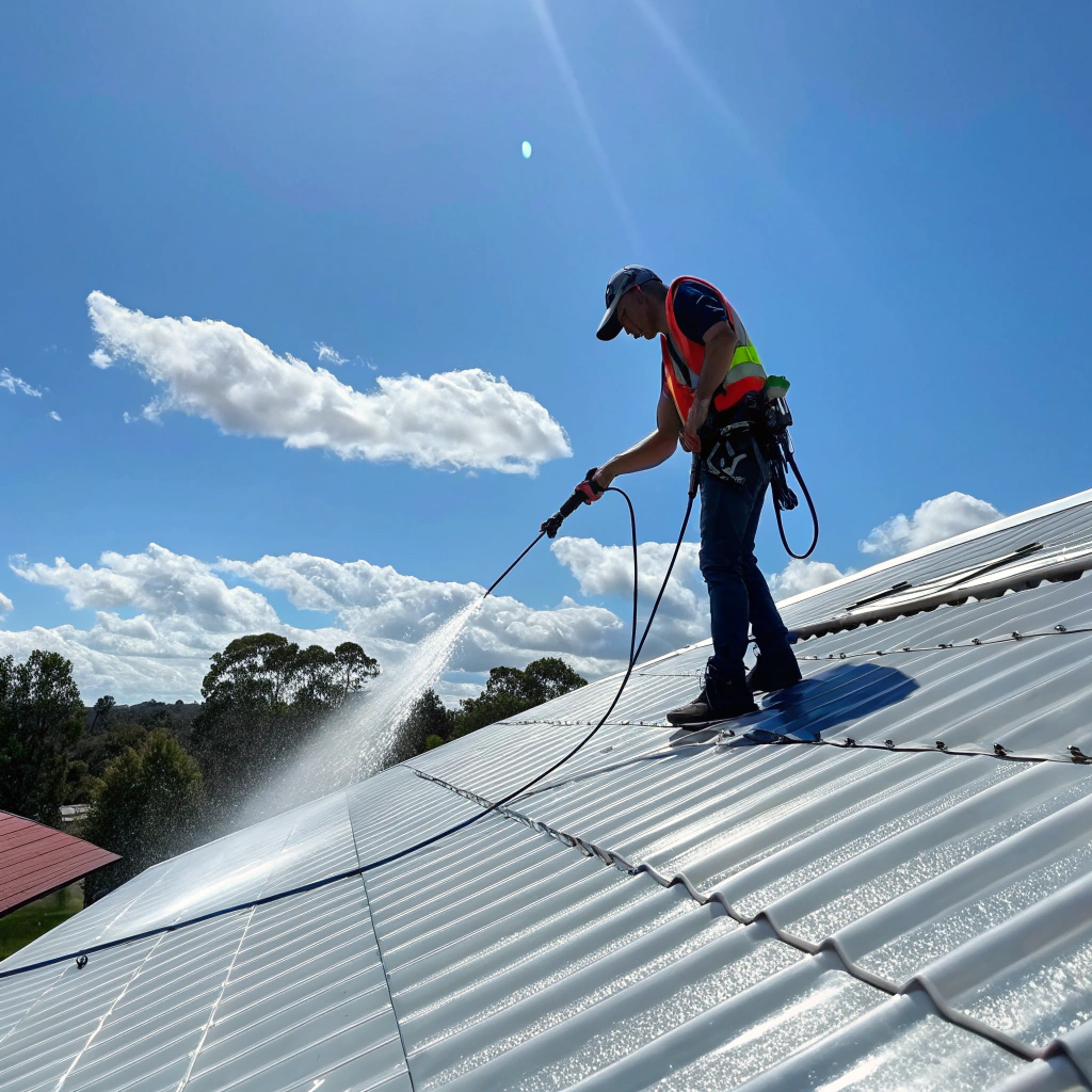 Professional roof cleaning and maintenance in progress