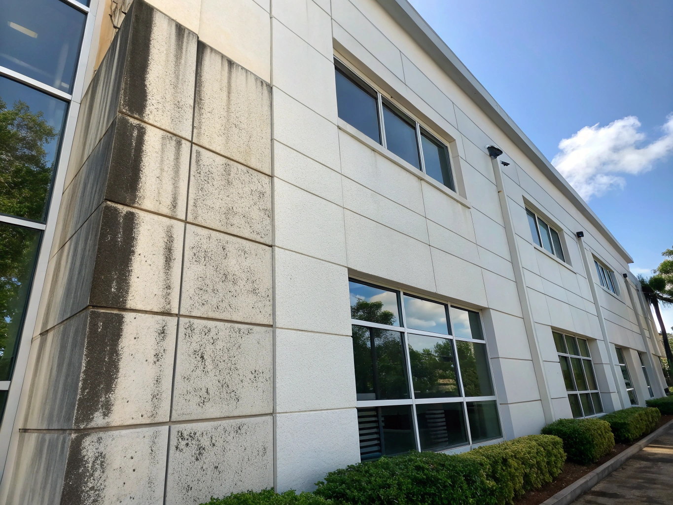 Professional before and after wall cleaning demonstration on a clean building facade
